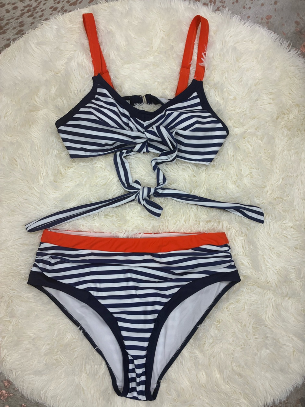 Navy & White Striped Bikini Set with Red Accent